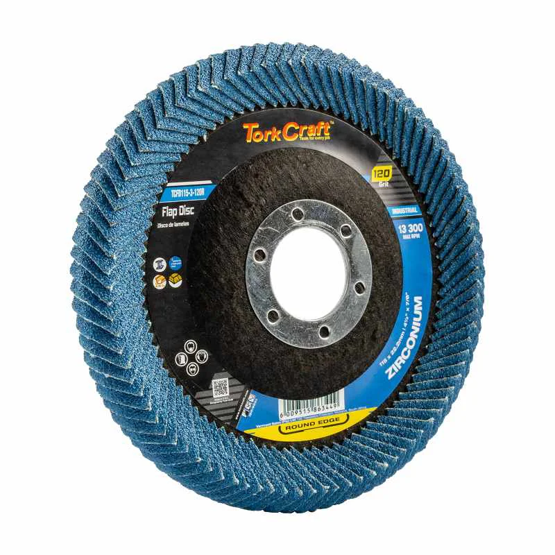 Tork Craft Flap Sanding Discs 115mm120gRE TCFD115-3-120R 1 Tork Craft Flap Disc Round Edge Zirconium 115mm Flat, TCFD115-3-120R