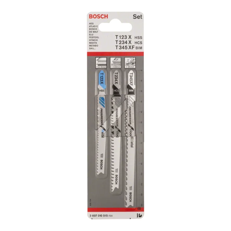 Bosch Pro Jigsaw Blades 132mm 3pcs fast Cust in Wood, Metal 2 Bosch Pro Jigsaw Blade Set, T 123 XF (Metal), T 234 X (Wood), T 345 XF (Wood & Metal), 3pcs 2607010515