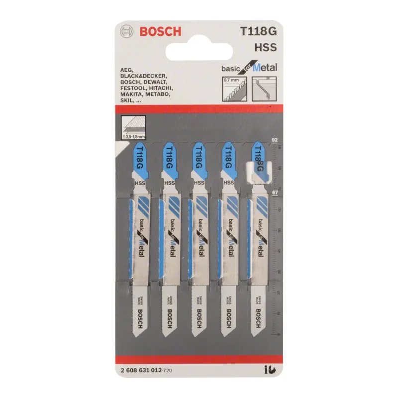 Bosch Pro Jigsaw Blades 92mm 5pcs HSS Basic for Metal 2 Bosch Pro Jigsaw Blade HSS T 118 G Basic for Metal, 5pcs (very thin metal plate) 2608631012