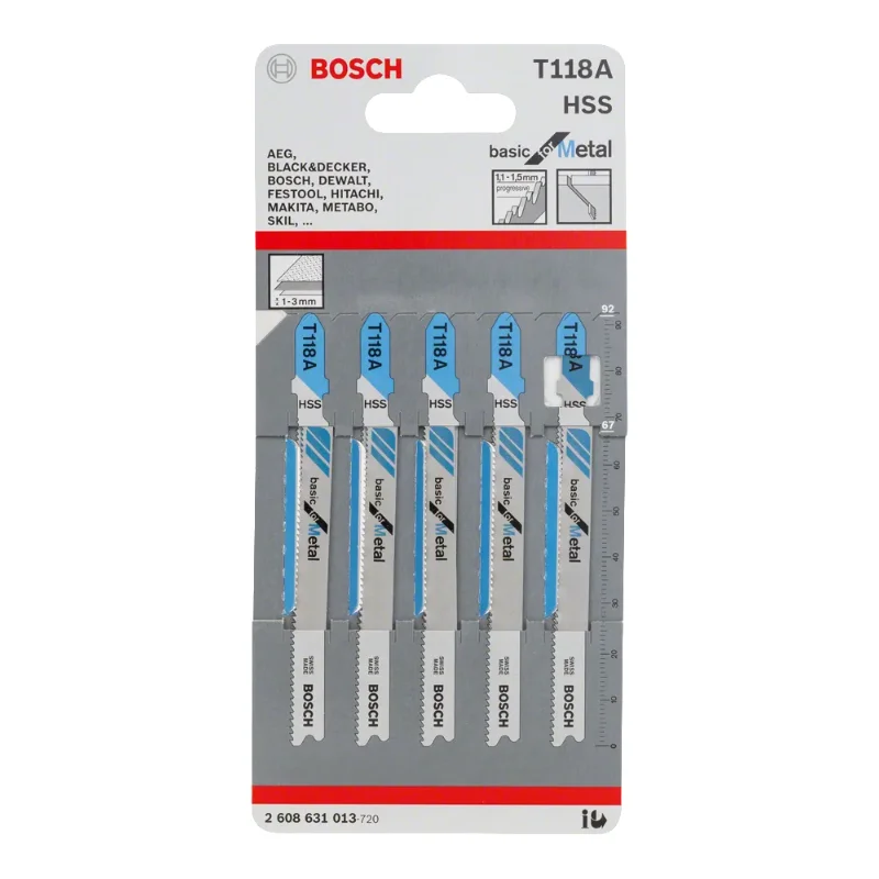 Bosch Pro Jigsaw Blades 92mm 5pcs HSS Basic for Metal, 2 Bosch Pro Jigsaw Blade HSS T 118 A Basic for Metal, 5pcs (thin sheet metal) 2608631013