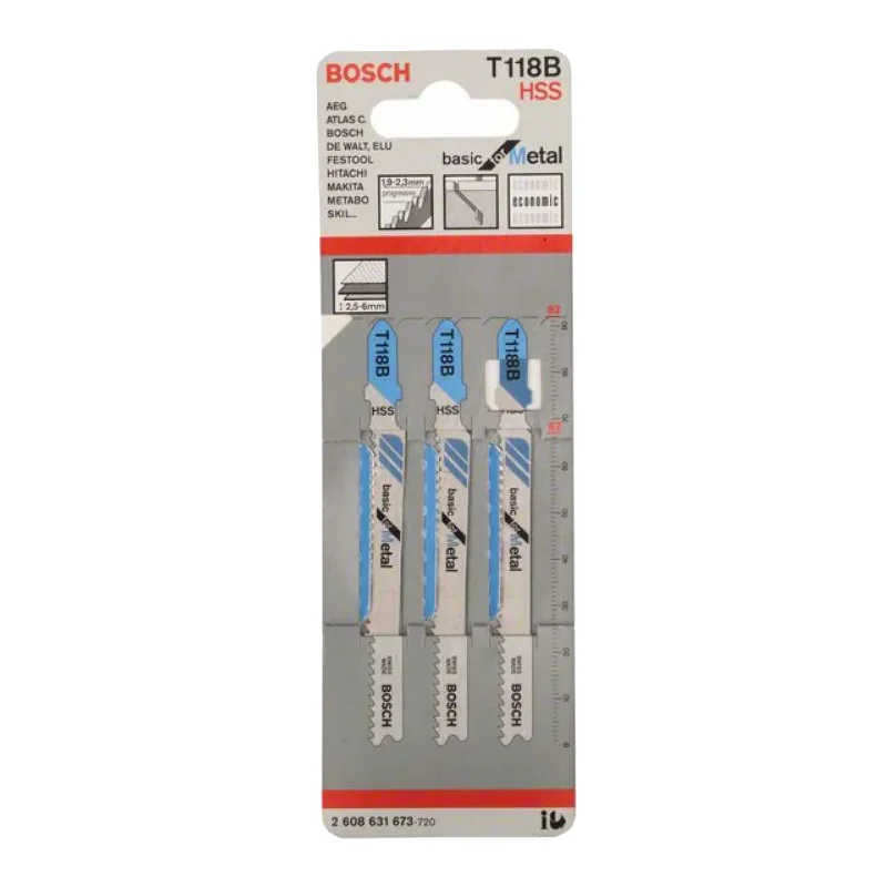 Bosch Pro Jigsaw Blades 92mm 3pcs HSS Basic for Metal 2 Bosch Pro Jigsaw Blade HSS T 118 B Basic for Metal, 3pcs (medium-thick sheet metal) 2608631673