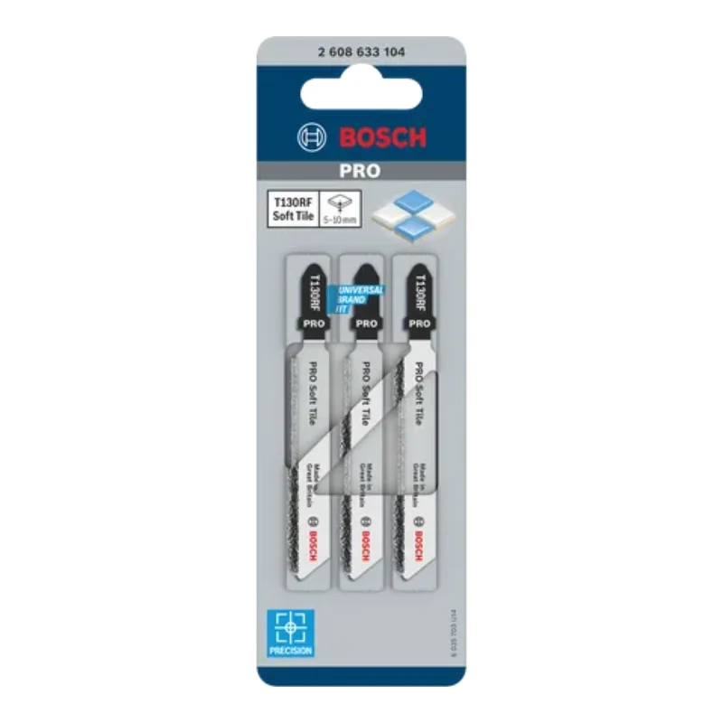 Bosch Pro Jigsaw Blades 132mm 3pcs, Special for Ceramics 2 Bosch Pro Jigsaw Blade HM/TC T 130 RIFF Special for Ceramics, 3pcs (soft ceramic tiles, cast iron (5-15 mm), coarse cut) 2608633104