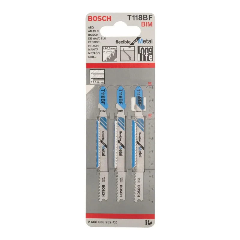 Bosch Pro Jigsaw Blades 91mm 3pcs BIM Flexible for Metal 2 Bosch Pro Jigsaw Blade BIM T 118 BF Flexible for Metal, 3pcs (medium-thick perforated sheet metal) 2608636232