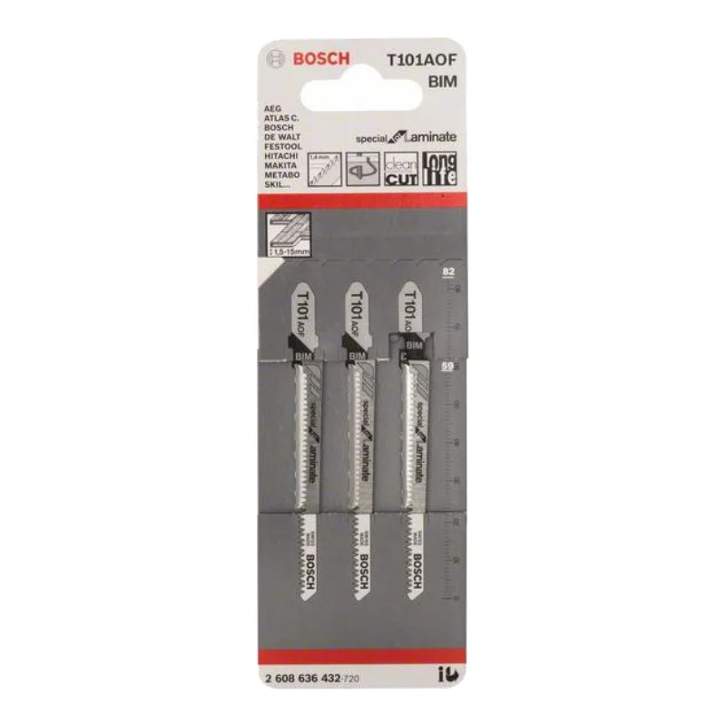 Bosch Pro Jigsaw Blades 83mm 3pcs BIM Special for Laminate 2 Bosch Pro Jigsaw Blade BIM T 101 AOF Special for Laminate, 3 pc (esp. for curve cuts) 2608636432