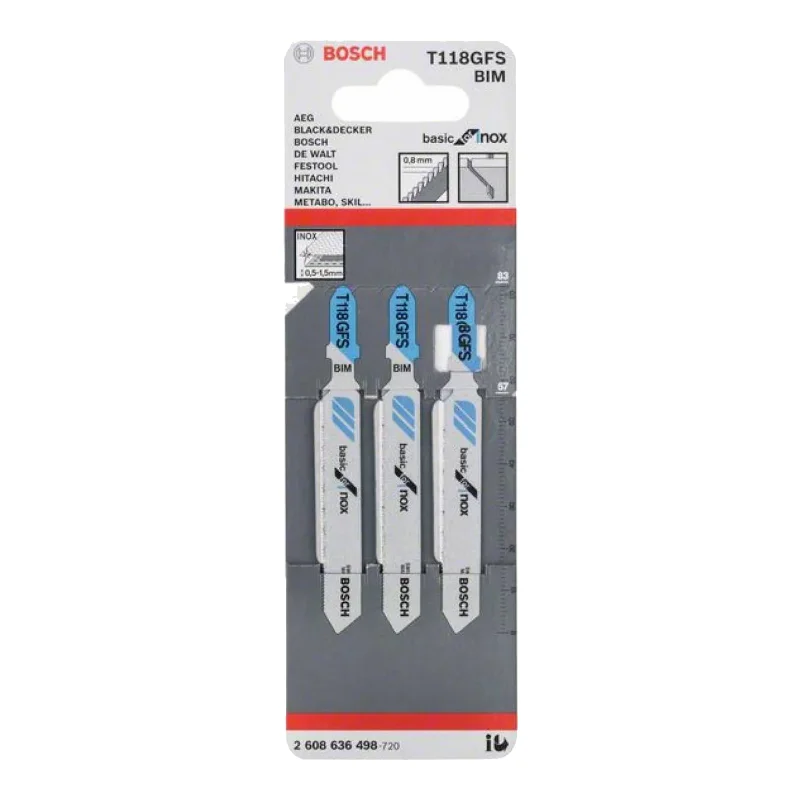 Bosch Pro Jigsaw Blades 83mm 3pcs BIM Basic for INOX 2 Bosch Pro Jigsaw Blade BIM T 118 GFS Basic for INOX, 3pcs (tooth spacing 0.8 mm) 2608636498