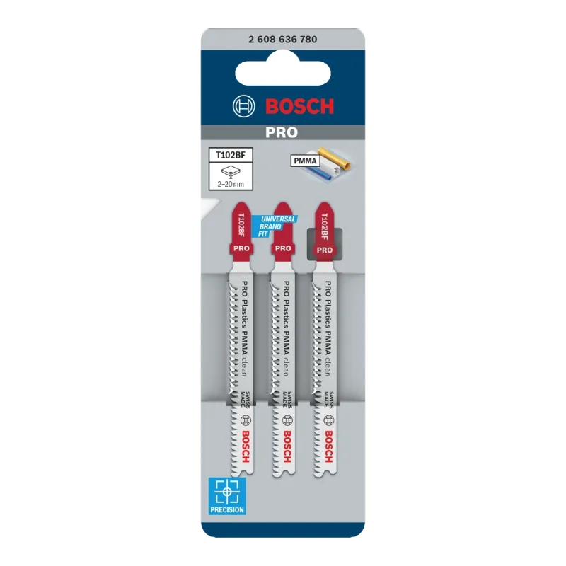 Bosch Pro Jigsaw Blades 92mm 3pcs BIM Clean Cut for PMMA 2 Bosch Pro Jigsaw Blade BIM T 102 BF Clean Cut for PMMA, 3pcs (PMMA, plexiglass, acrylic sheets) 2608636780