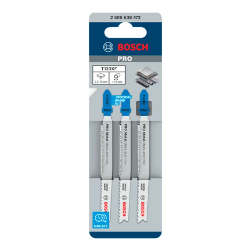 Bosch Pro Jigsaw Blades 100mm 3pcs HSS Progressor for Metal 2 Bosch Pro Jigsaw Blade HSS T 123 XF Progressor for Metal, 3pcs (thin-thick sheet metal, pipes, profiles, alum.) 2608638472