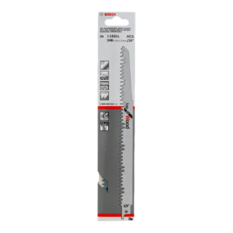 Bosch Pro Sabre Saw Blades 240mm 19x1.5mm 2pcs, HCS S 1531 L Top for Wood 2 Bosch Pro Recipro Saw Blade HCS S 1531 L Top for Wood, 240x19x1.5, 2pcs 2608650613