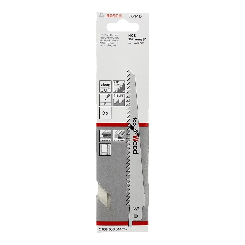Bosch Pro Sabre Saw Blades 150mm 19x1.25mm 2pcs, HCS S 644 D Top for Wood 2 Bosch Pro Recipro Saw Blade HCS S 644 D Top for Wood, 150x19x1.25, 2pcs 2608650614