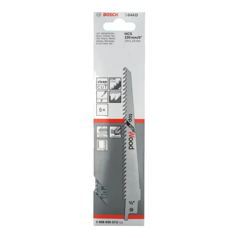 Bosch Pro Sabre Saw Blades 150mm 19x1.25mm 5pcs, HCS S 644 D Top for Wood 2 Bosch Pro Recipro Saw Blade HCS S 644 D Top for Wood, 150x19x1.25, 5pcs 2608650673