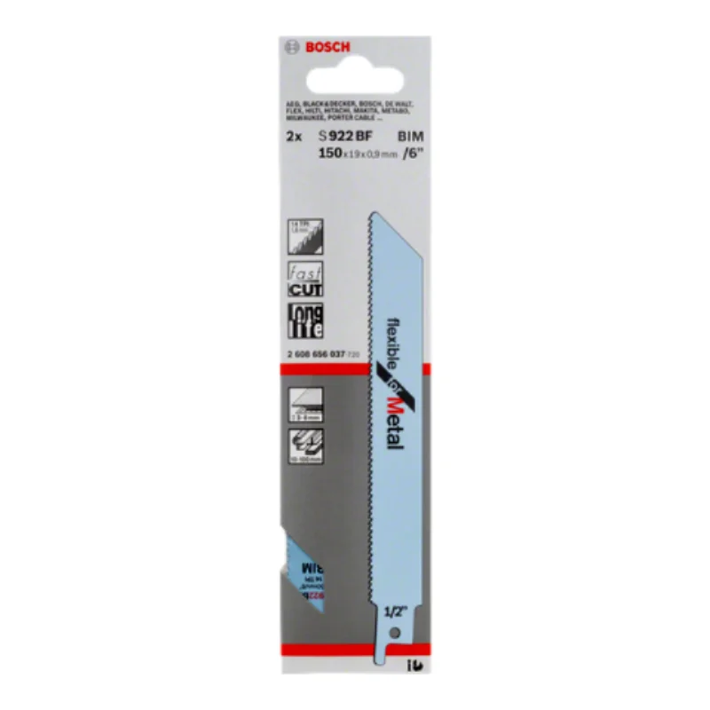 Bosch Pro Sabre Saw Blades 150mm 19x0.9mm 2pcs, BIM S 922 BF Flexible for Metal 2 Bosch Pro Recipro Saw Blade BIM S 922 BF Flexible for Metal, 150x19x0.9, 2pcs 2608656037