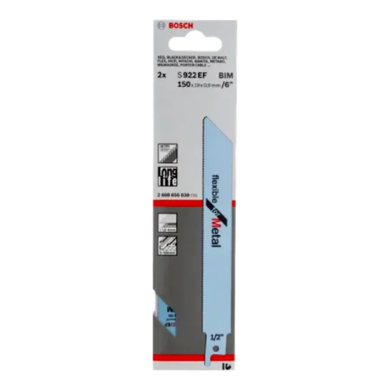Bosch Pro Sabre Saw Blades 150mm 19x0.9mm 2pcs, BIM S 922 EF Flexible for Metal 2 Bosch Pro Recipro Saw Blade BIM S 922 EF Flexible for Metal, 150x19x0.9, 2pcs 2608656038