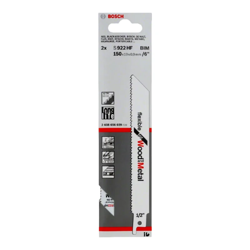 Bosch Pro Sabre Saw Blades 150mm 19x0.9mm 2pcs, BIM S 922 HF Flexible for Wood and Metal 2 Bosch Pro Recipro Saw Blade BIM S 922 HF Flexible for Wood and Metal, 150x19x0.9, 2pcs 2608656039