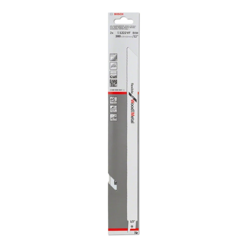 Bosch Pro Sabre Saw Blades 300mm 19x0.9mm 2pcs, BIM S 1222 VF Flexible for Wood and Metal 2 Bosch Pro Recipro Saw Blade BIM S 1222 VF Flexible for Wood and Metal, 300x19x0.9, 2pcs 2608656043