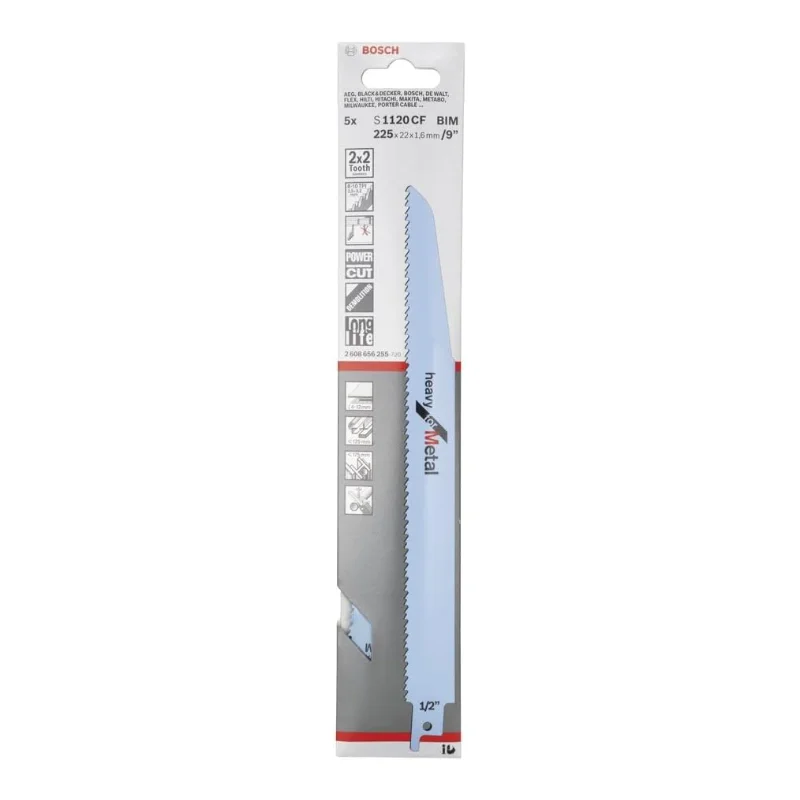 Bosch Pro Sabre Saw Blades 225mm 22x1.6mm 5pcs, BIM S 1120 CF Heavy for Metal 2 Bosch Pro Recipro Saw Blade BIM S 1120 CF Heavy for Metal, 225x22x1.6, 5pcs 2608656255