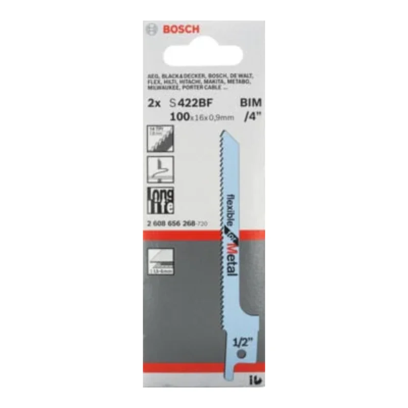 Bosch Pro Sabre Saw Blades 100mm 16x0.9mm 2pcs, BIM S 422 BF Flexible for Metal 2 Bosch Pro Recipro Saw Blade BIM S 422 BF Flexible for Metal, 100x16x0.9, 2pcs 2608656268