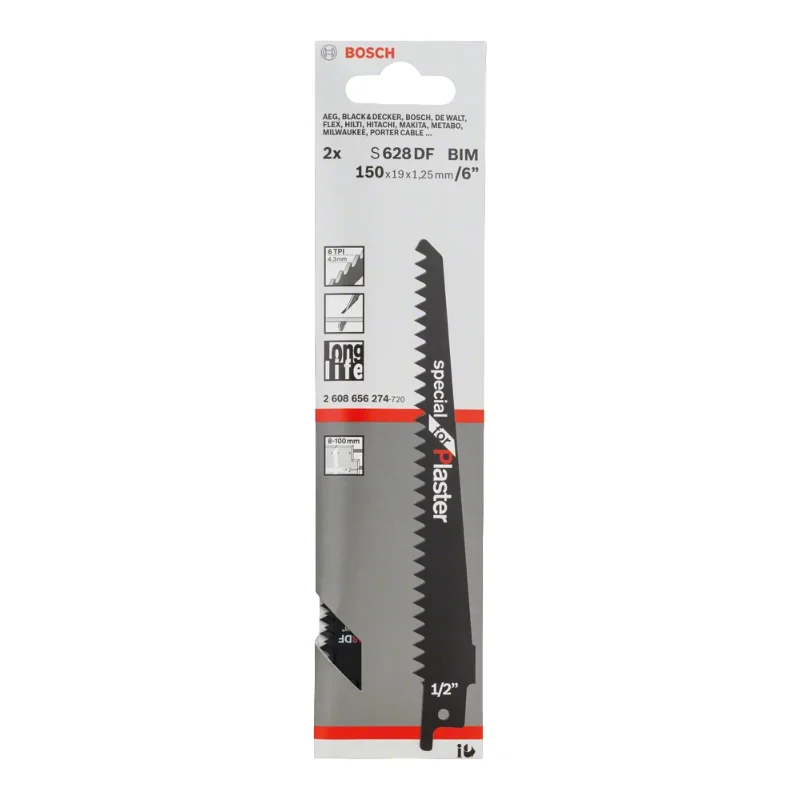 Bosch Pro Sabre Saw Blades 150mm BIM for Plaster, 2pcs 2 Bosch Pro Recipro Saw Blade BIM S 628 DF Special for Plaster, 150x19x1.25, 2pcs 2608656274