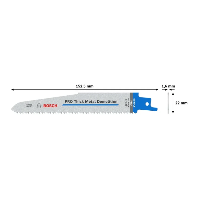 Bosch Pro Sabre Saw Blades 150mm 22x1.6mm 5pcs, BIM S 930 CF Endurance for Heavy Metal 3 Bosch Pro Recipro Saw Blade BIM S 930 CF Endurance for Heavy Metal, 150x22x1.6, 5pcs 2608657527
