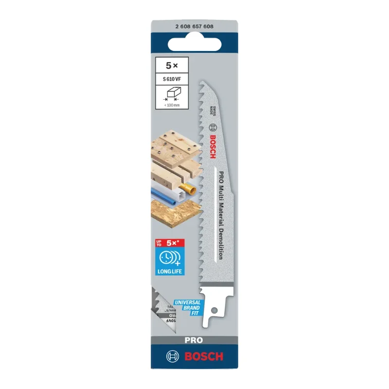 Bosch Pro Sabre Saw Blades 150mm 22x1.6mm 5pcs, BIM S 610 VF Heavy for Wood and Metal 2 Bosch Pro Recipro Saw Blade BIM S 610 VF Heavy for Wood and Metal, 150x22x1.6, 5pcs 2608657608