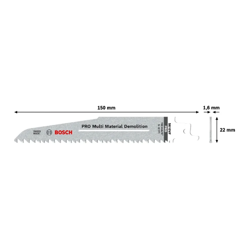 Bosch Pro Sabre Saw Blades 150mm 22x1.6mm 5pcs, BIM S 610 VF Heavy for Wood and Metal 3 Bosch Pro Recipro Saw Blade BIM S 610 VF Heavy for Wood and Metal, 150x22x1.6, 5pcs 2608657608