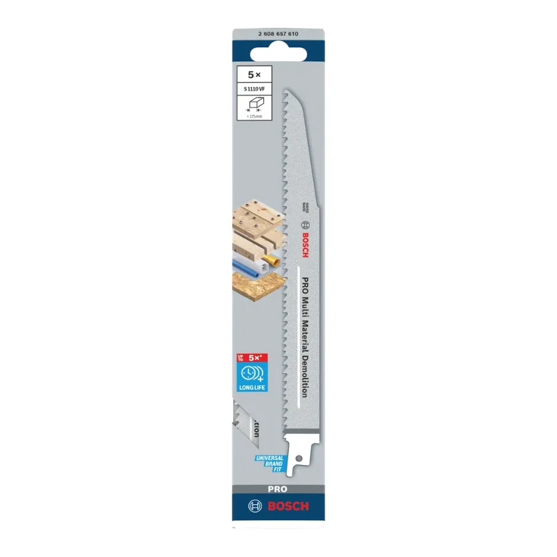 Bosch Pro Sabre Saw Blades 225mm 22x1.6mm 5pcs, BIM S 1110 VF Heavy for Wood and Metal 2 Bosch Pro Recipro Saw Blade BIM S 1110 VF Heavy for Wood and Metal, 225x22x1.6, 5pcs 2608657610