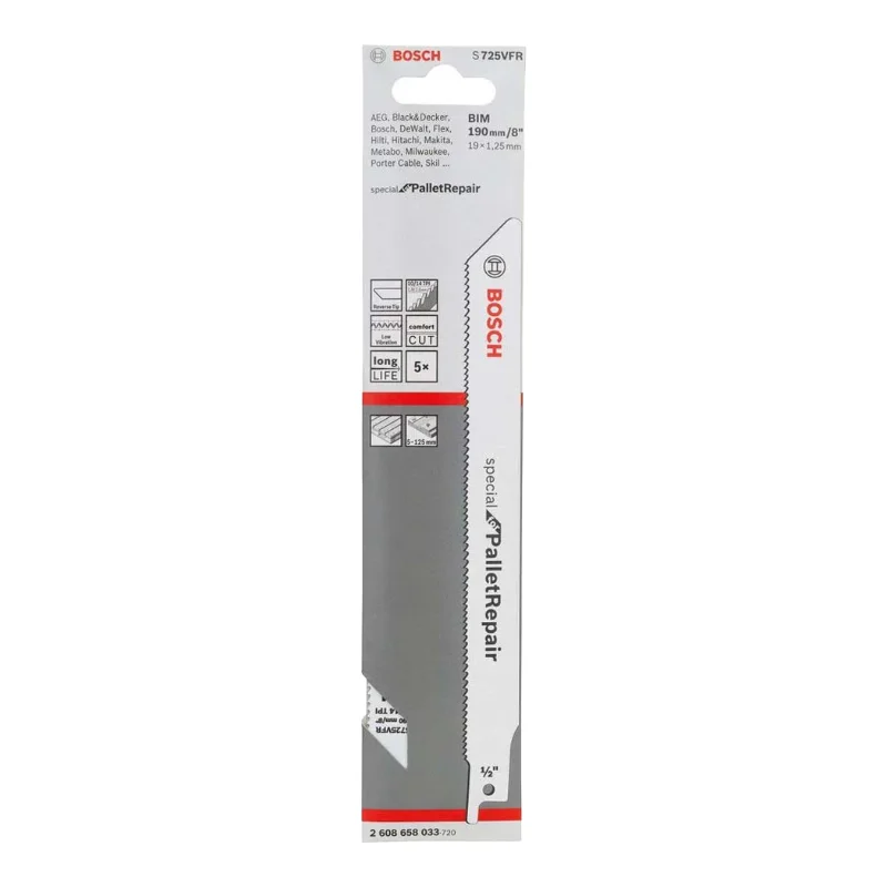 Bosch Pro Sabre Saw Blades 225mm 19x1.25mm 5pcs, BIM S 1125 VFR Special for Pallet Repair 2 Bosch Pro Recipro Saw Blade BIM S 1125 VFR Special for Pallet Repair, 225x19x1.25, 5pcs 2608658036