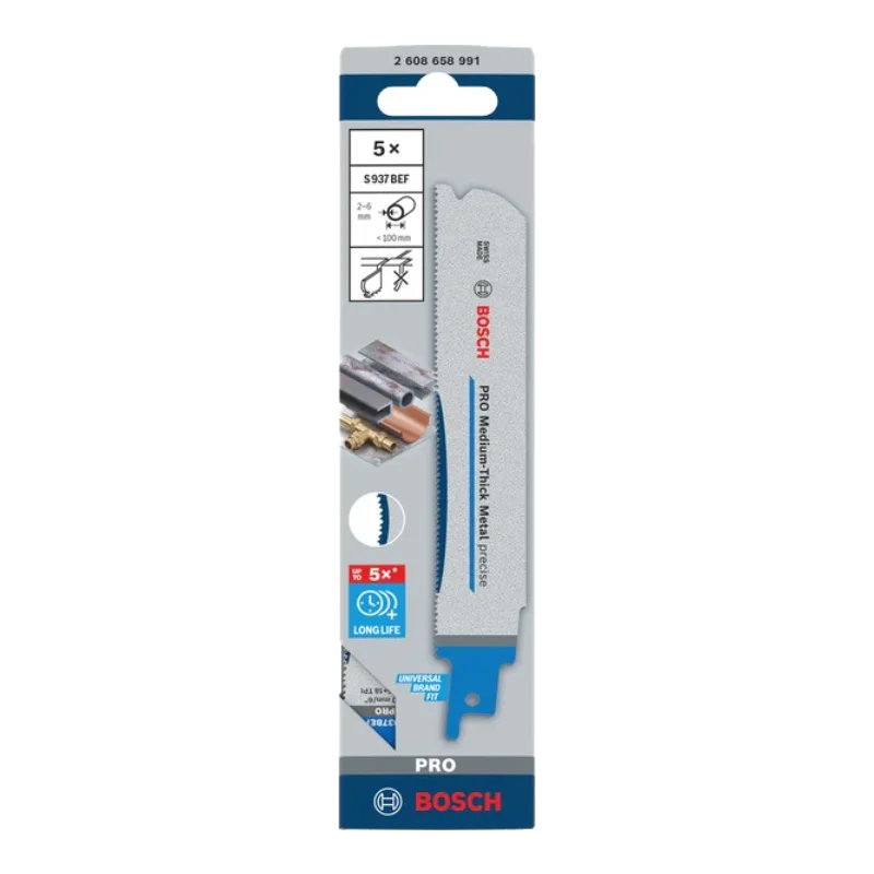 Bosch Pro Sabre Saw Blades 150mm 1.1x25mm 5pcs, S937 BEF Medium-Thick Metal precise Blade 2 Bosch Pro Recipro Saw Blade S937 BEF Medium-Thick Metal precise Blade, 1.1x25x150 mm, 5pcs 2608658991