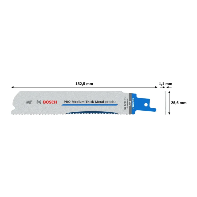 Bosch Pro Sabre Saw Blades 150mm 1.1x25mm 5pcs, S937 BEF Medium-Thick Metal precise Blade 3 Bosch Pro Recipro Saw Blade S937 BEF Medium-Thick Metal precise Blade, 1.1x25x150 mm, 5pcs 2608658991