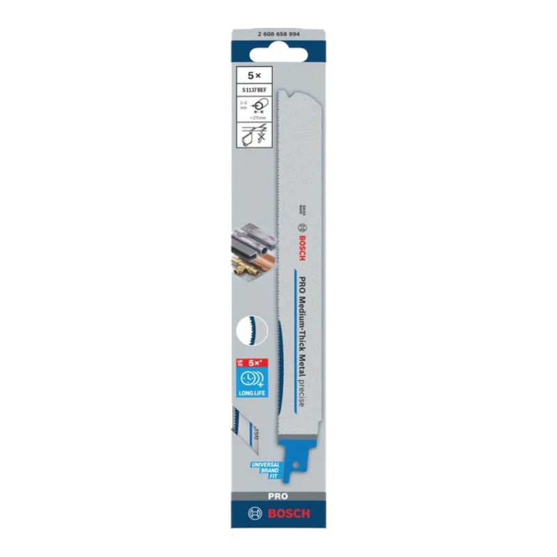 Bosch Pro Sabre Saw Blades 225mm 1.1x25mm 5pcs, S1137 BEF Medium-Thick Metal precise Blade 2 Bosch Pro Recipro Saw Blade S1137 BEF Medium-Thick Metal precise Blade, 1.1x25x225mm, 5pcs 2608658994