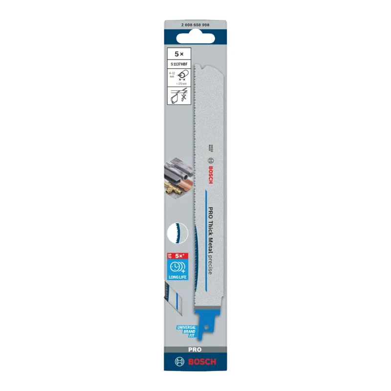 Bosch Pro Sabre Saw Blades 225mm 1.1x25mm 5pcs, Thick Metal precise S1137HBF Blade, 2 Bosch Pro Recipro Saw Blade Thick Metal precise S1137HBF Blade, 1.1 x 25 x 225 mm, 5pcs 2608658998