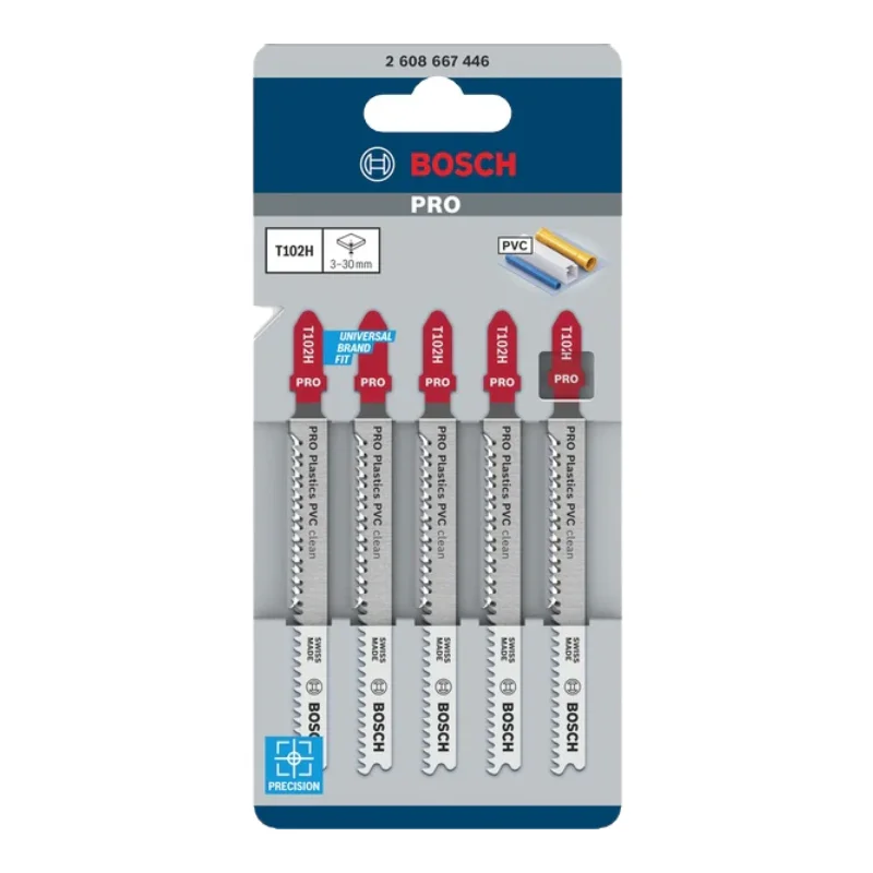 Bosch Pro Jigsaw Blades 100mm 5pcs, Clean for PVC, PA, PS 2 Bosch Pro Jigsaw Blade HCS T 102 H Clean for PVC, 5pcs (PVC, PA, PS sheets, profiles, bars) 2608667446