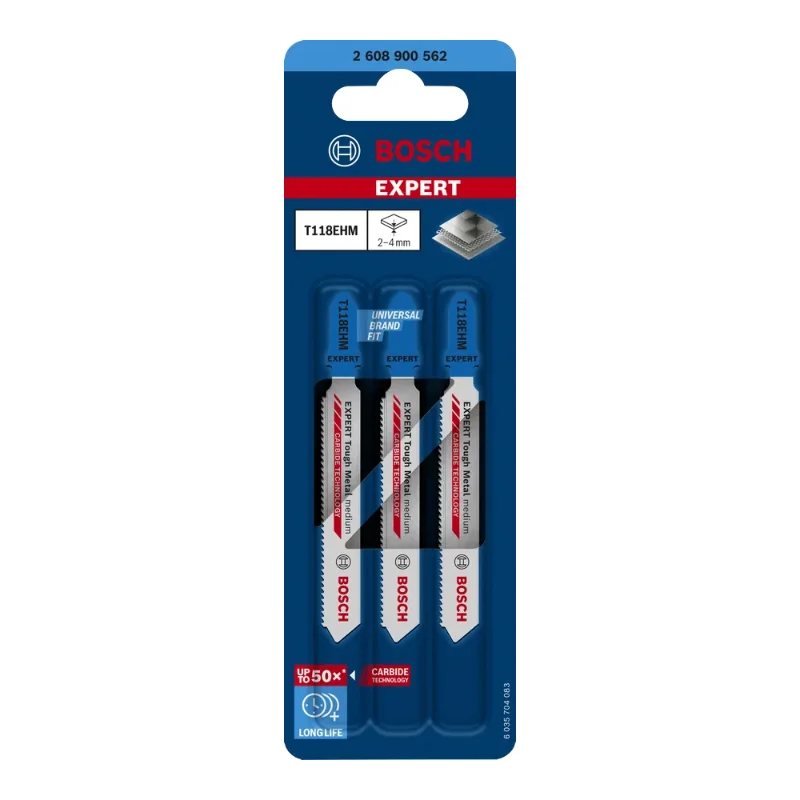 Bosch Pro Jigsaw Blades 83mm 3pcs HM/TC Special for INOX 2 Bosch Pro Jigsaw Blade HM/TC T 118 EHM Special for INOX, 3pcs (recom. max material thickness: 5 mm) 2608900562