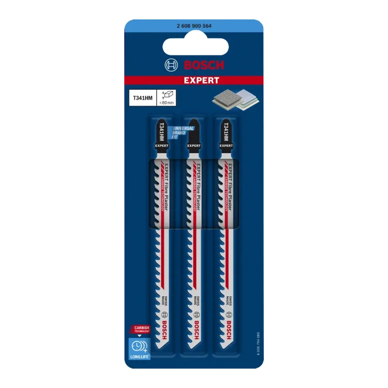 Bosch Pro Jigsaw Blades 132mm 3pcs, HM/TC T 341 HM 2 Bosch Pro Jigsaw Saw Blade HM/TC T 341 HM Special for Fiber and Plaster, 3pcs 2608900564