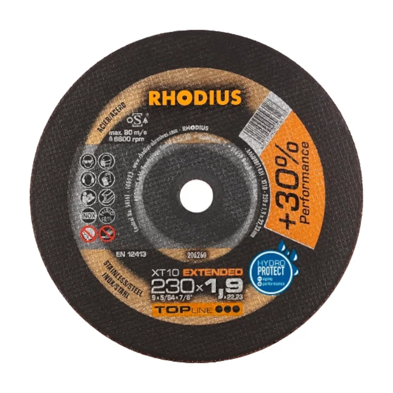 Rhodius XT10 Inox Cutting Disc 230x1.9mm Type 41 1 Rhodius XT10 Extra Thin Inox Cutting Disc 230x1.9x22.2mm, Flat, Type 41 206260