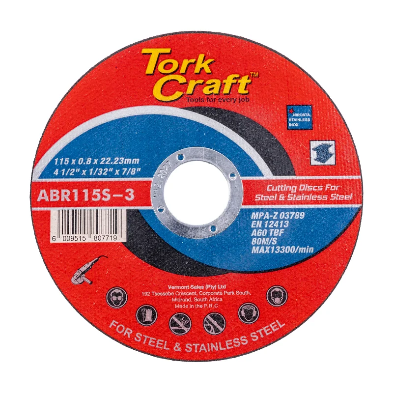 Tork Craft Cutting Disc Steel & Ss 115x0.8mm (10) ABR115S-3 1 Tork Craft Cutting Disc Steel & SS 115x0.8x22.2mm (10) ABR115S-3