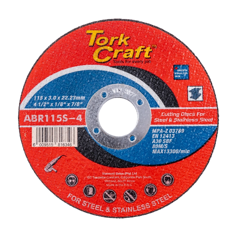 Tork Craft Cutting Disc Steel & SS 115x3.0mm ABR115S-4 (10) 1 Tork Craft Cutting Disc Steel & SS 115x3.0x22.2mm (10) ABR115S-4